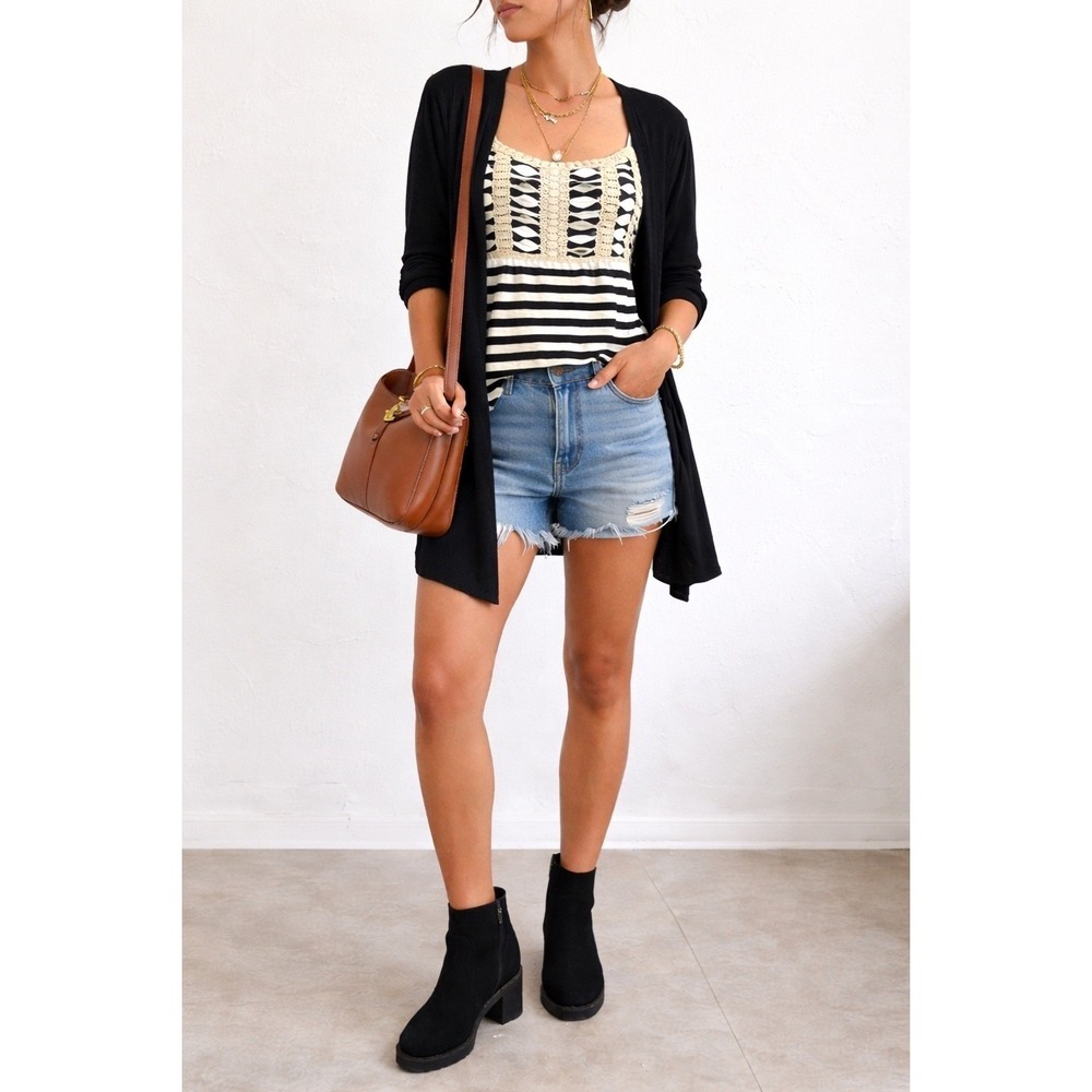 IZ BYER M Black White Lace Stripe Tank Cardigan Set Boho Festival Layered Top - Picture 2 of 5